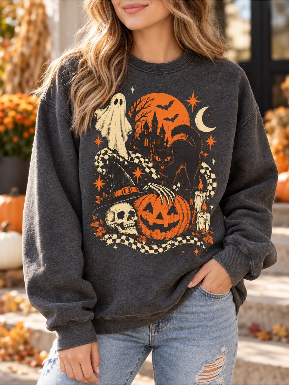 Gildan Charcoal Halloween Graphic Crewneck - Orange & Cream Accents
